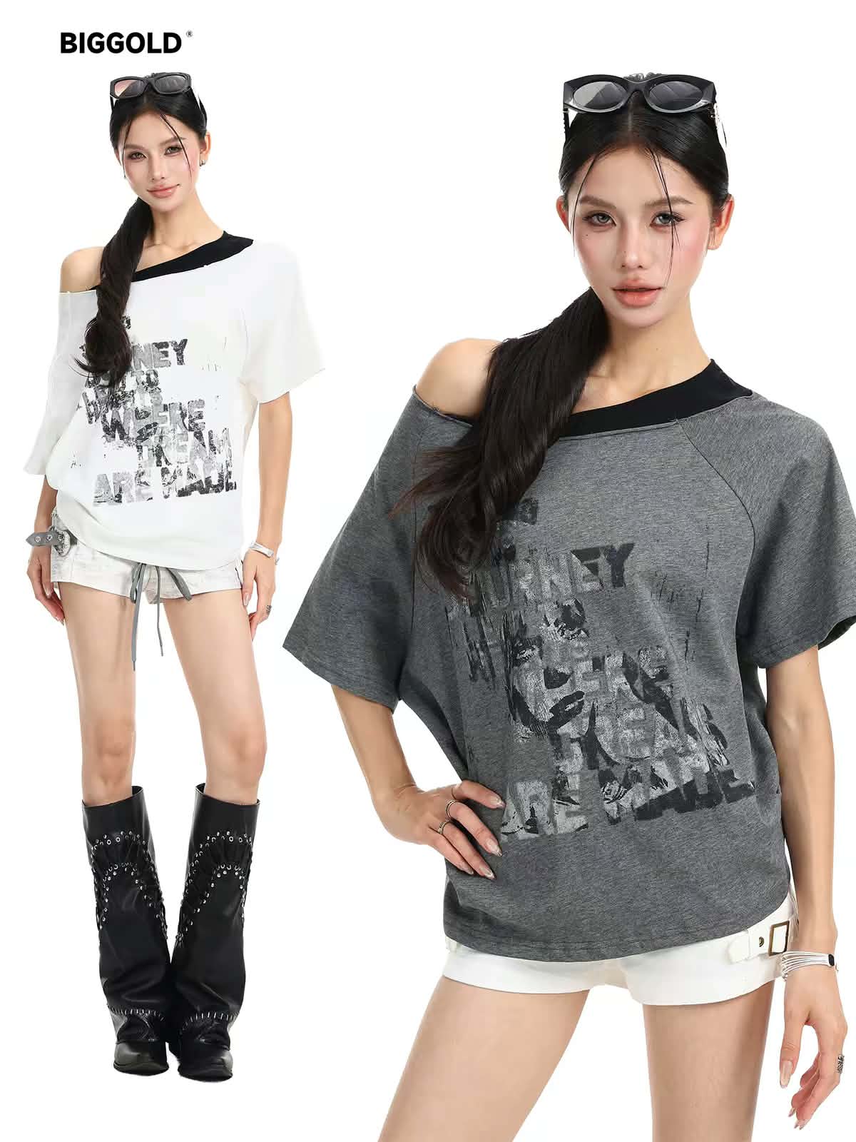 Models wearing oversized graphic off-shoulder T-shirts with white shorts.